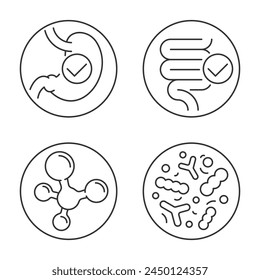 Probiotics icons set for labeling of nutrient supplement - stomach, guts, digestive system and microbiota, in thin line and circle shapes