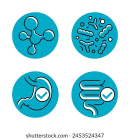 Probiotics-Icons für die Kennzeichnung von Nahrungsergänzungsmitteln - Magen, Darm, Verdauungssystem und Mikrobiota, in dünnen Linien und blauen Kreis-Formen