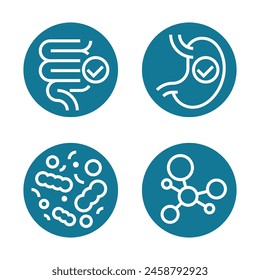 Probiotics icons set for labeling of nutrient supplement - stomach, guts, digestive system and microbiota, in bold line and circle shapes