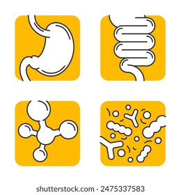 Probiotics icons set for labeling of nutrient supplement - stomach, guts, digestive system and microbiota, in thin line and square shapes