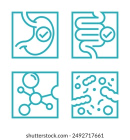 Probiotics icons set for labeling of nutrient supplement - stomach, guts, digestive system and microbiota, in bold line and square shapes