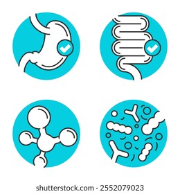 Ícones de probióticos definidos para a rotulagem de suplemento nutriente - estômago, vísceras, sistema digestivo e microbiota, em linha fina e espaço negativo