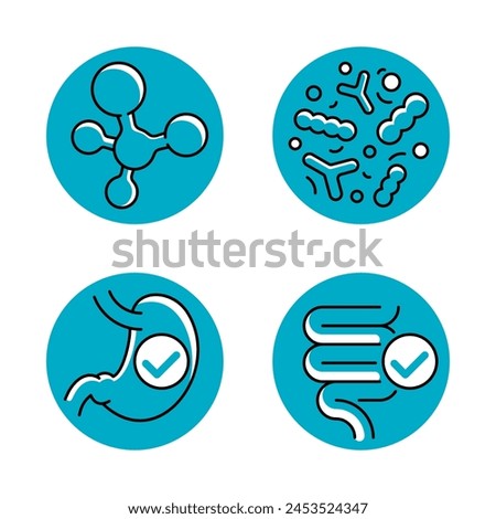 Probiotics icons set for labeling of nutrient supplement - stomach, guts, digestive system and microbiota, in thin line and blue circle shapes