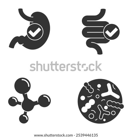 Probiotics icons set for labeling of nutrient supplement - stomach, guts, digestive system and microbiota, in monochrome style