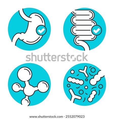 Probiotics icons set for labeling of nutrient supplement - stomach, guts, digestive system and microbiota, in thin line and negative space