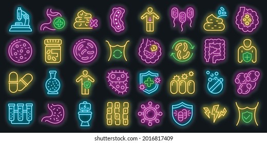 Iconos de probióticos. Conjunto de contornos de probióticos iconos vectoriales color de neón sobre negro
