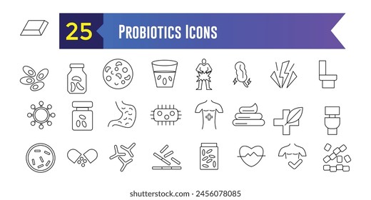 Probiotics Icons set. Outline set of Probiotics Icons vector icons for web design. Outline icon collection. Editable stroke.