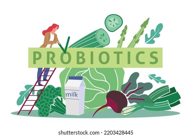 Probiotics, intestinal flora, healthy food. Tiny woman on ladder and huge green vegetables, cabbage beets and milk, dairy products for good body functioning. Vector cartoon flat concept