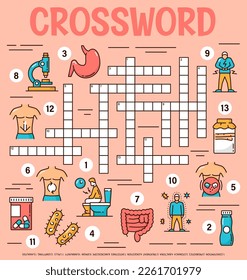 Probiotics, intestines health care crossword grid worksheet. Find a word quiz, vector work puzzle game with human immunity and digestion treatment symbols, stomach, microscope and pills, bacteria