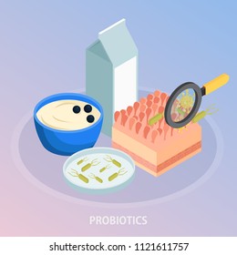 Probiotics isometric background composition with food and conceptual images of microbes with hand lens and text vector illustration