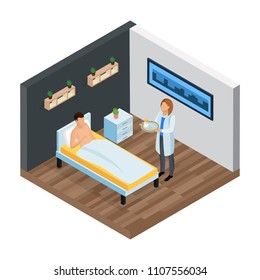 Probiotics isometric composition with view of hospital room patient in bed and doctor with medication pills vector illustration