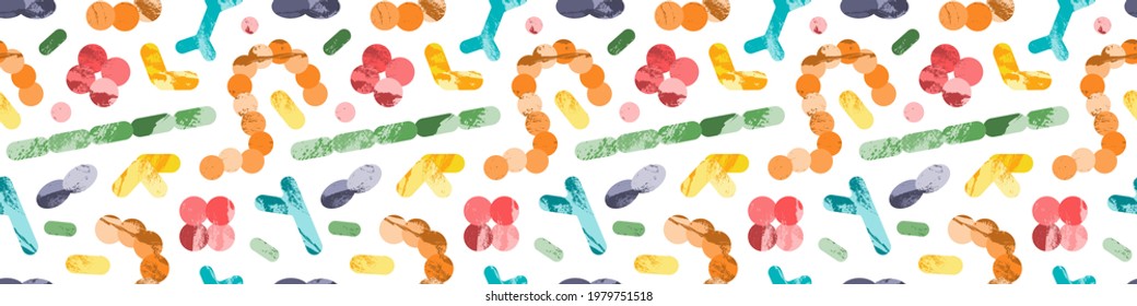 Probiotics. Lactic acid bacteria. Good microorganisms for gut and intestinal flora health. Microflora. Bifidobacterium, lactobacillus,  lactococcus, thermophilus streptococcus. Vector seamless pattern