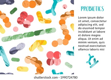 Probiotics. Lactic acid bacteria. Good microorganisms for gut, intestinal flora health. Microflora. Microbiome. Bifidobacterium, lactobacillus,  lactococcus, thermophilus streptococcus. Vector pattern