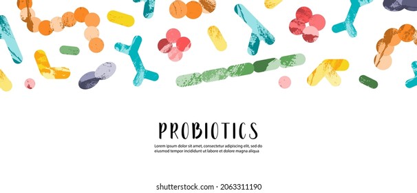 Probióticos. Bacterias de ácido láctico. Buenos microorganismos para la salud intestinal y intestinal de la flora. Microflora. Microbioma. Bifidobacterio, lactobacilo, lactococcus, thermophilus streptococcus. Bandera de vectores