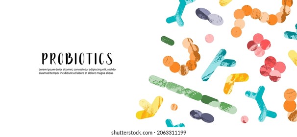 Probiotics. Lactic acid bacteria. Good microorganisms for gut, intestinal flora health. Microflora. Microbiome. Bifidobacterium, lactobacillus,  lactococcus, thermophilus streptococcus. Vector banner