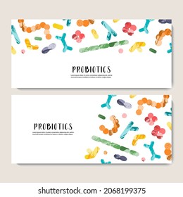 Probiotics. Lactic acid bacteria. Good microorganisms for gut, intestinal flora health. Microflora. Microbiome. Bifidobacterium, lactobacillus,  lactococcus, thermophilus streptococcus. Vector banner