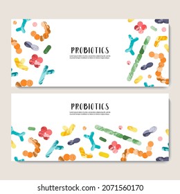 Probiotics. Lactic acid bacteria. Good microorganisms for gut, intestinal flora health. Microflora. Microbiome. Bifidobacterium, lactobacillus, lactococcus, thermophilus streptococcus. Vector banner