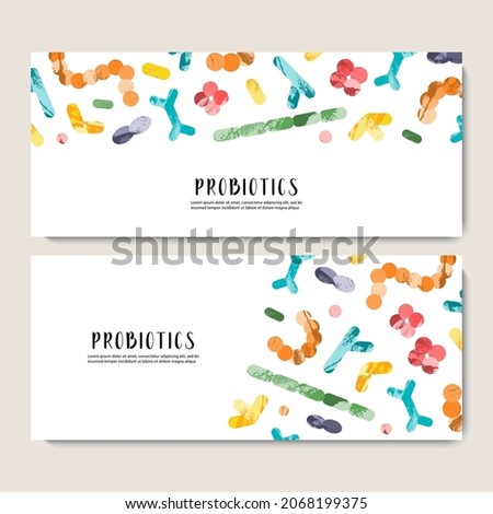 Probiotics. Lactic acid bacteria. Good microorganisms for gut, intestinal flora health. Microflora. Microbiome. Bifidobacterium, lactobacillus,  lactococcus, thermophilus streptococcus. Vector banner