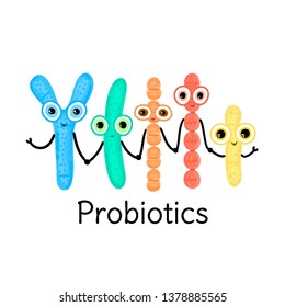 Probiotics. Lactic acid bacterium. Bifidobacterium, lactobacillus, streptococcus thermophilus, lactococcus, propionibacterium. Microbiome. Microbiota. Cute characters. Gastrointestinal health. Vector