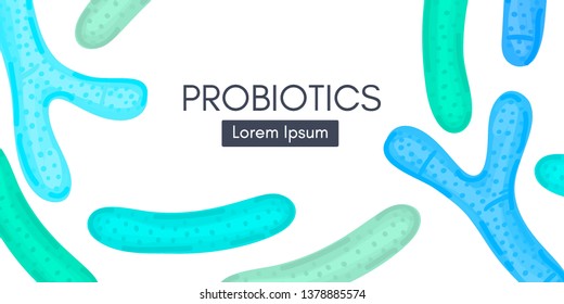 Probiotics. Lactic acid bacterium. Bifidobacterium, lactobacillus. Microbiome. Microbiota. Medicine or dietary supplements for gastrointestinal health. Label, banner, header, landing page. Vector