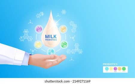 Probiotics Lactic Acid Bacterium In Milk, Yogurt. Doctor Hand Holding Milk Drop And Medical Icon. Health Benefits Of Taking Probiotics. Digestion Healthcare Concept. On Blue Background Vector.