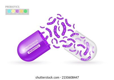Probiotics lactic acid bacterium in milk, yogurt. Streptococcus thermophilus purple inside capsule transparent. Health benefits of taking probiotics. Digestion healthcare medical concept. Vector.
