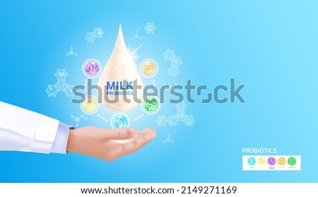 Probiotics lactic acid bacterium in milk, yogurt. Doctor hand holding milk drop and medical icon. Health benefits of taking probiotics. Digestion healthcare concept. On blue background vector.