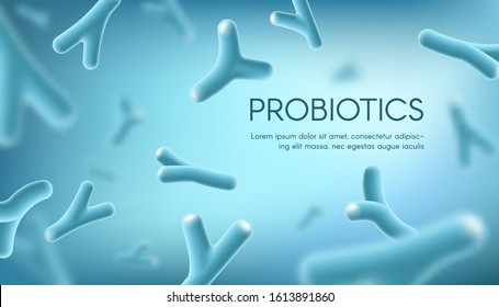 Probiotics lacto bacteria, healthy nutrition and digestion healthcare vector concept. Probiotcis lactobacillus acidophilus bacteria cells on blue background for prebiotic food package