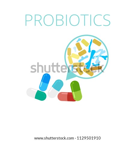 Probiotics Lactobacilli and Bifidobacterium in capsules, vector illustration. Good bacteria microorganism isolated on white background. Probiotics vector concept.