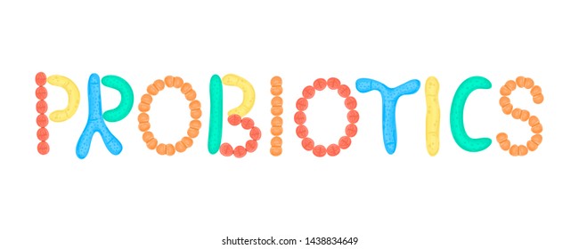 Probiotics. Lettering. Lactic acid bacterium. Bifidobacterium, lactobacillus, streptococcus thermophilus, lactococcus, propionibacterium Microbiome. Microbiota. Gastrointestinal health. Vector, eps10