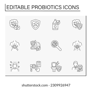  Probiotics line icons set. Treatment to protect the immune system. Probiotics concepts. Isolated vector illustrations. Editable stroke