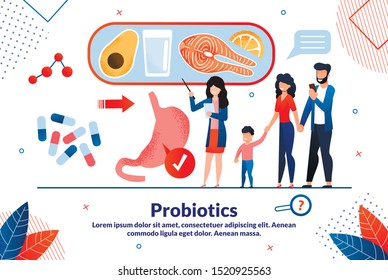 Probiotics Medicines, Digestive Disorders Treatment Trendy Flat Vector Vector Banner, Poster Template. Female Doctor Explaining to Family Probiotics Benefits, Healthy Nutrition Rules Illustration