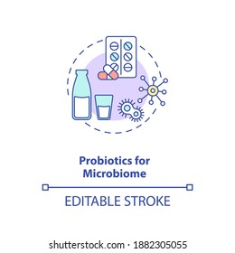 Probiotics for microbiome concept icon. Needed supplement idea thin line illustration. Gut microbiota. Intestinal and systemic diseases. Vector isolated outline RGB color drawing. Editable stroke