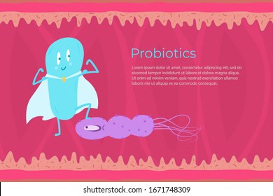 Probiotics And Pathogenic Bacteria Against The Background Of Intestinal Work. Vector Illustration.