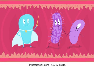 Probiotics pathogenic bacteria against the background of intestinal work. Vector illustration.