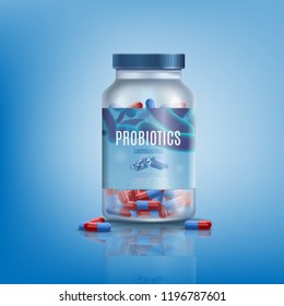 Probiotics Pills in Branded  Transparent Glass Plastic Jar Bottle Realistic Vector Gradient Background  Biological Nutritional Supplements for Immune Health  Natural Medicines Product Mockup