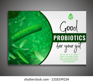 Probiotics and prebiotics background. Normal gram-positive anaerobic microflora. Editable vector illustration in green and white colors. Medical, healthcare and scientific concept. Horizontal poster.