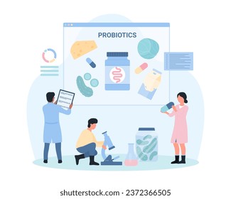 Probiotics and prebiotics for digestive health vector illustration. Cartoon tiny people recommend natural fermented food with probiotics and fiber, supplement products improve intestinal microbiome