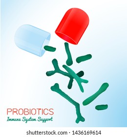 Probiotics and prebiotics falling out the transparent capsule. Editable vector illustration in bright colors in realistic style. Medical, healthcare and scientific concept. Pharmaceutical poster
