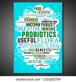 Probiotics and prebiotics lettering. Tags cloud poster. Normal gram-positive anaerobic microflora background. Editable vector illustration in light colors. Medical, healthcare and scientific concept.