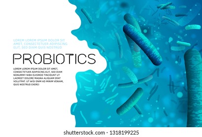 Probiotics, prebiotics. Normal gram-positive anaerobic microflora background. Editable landscape vector illustration in bright blue colors. Realistic style. Medical, healthcare and scientific concept
