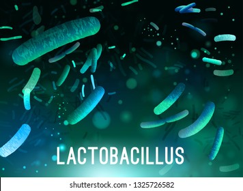 Probiotics and prebiotics. Normal gram-positive anaerobic microflora background. Editable vector illustration in bright green, blue colors. Realistic style. Medical, healthcare and scientific concept.