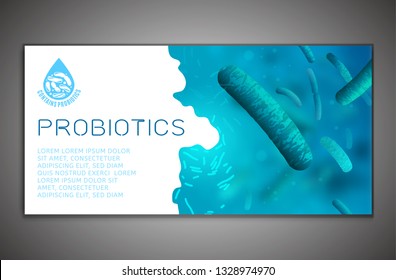 Probiotics, prebiotics. Normal gram-positive anaerobic microflora background. Editable landscape vector illustration in bright blue colors. Realistic style. Medical, healthcare and scientific concept