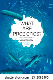 Probiotics, prebiotics. Normal gram-positive anaerobic microflora background. Editable vertical vector illustration in bright blue colors. Realistic style. Medical, healthcare and scientific concept