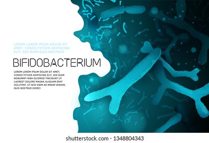 Probiotics, prebiotics. Normal gram-positive anaerobic microflora background. Editable landscape vector illustration in bright blue colors. Realistic style. Medical, healthcare and scientific concept