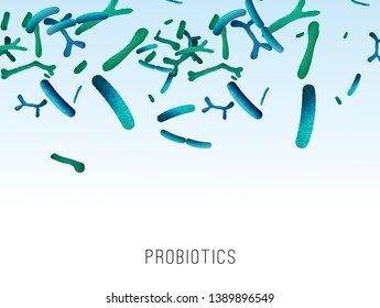 Probiotics and prebiotics. Normal gram-positive anaerobic microflora background. Editable vector illustration in bright green, blue colors. Realistic style. Medical, healthcare and scientific concept.