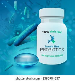 Probiotics and prebiotics package with transparent capsule. Editable vector illustration in bright blue colors in realistic style. Medical, healthcare and scientific concept. Pharmaceutical poster