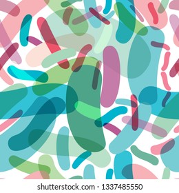 Probiotics and prebiotics seamless pattern. Normal gram-positive anaerobic microflora background. Editable vector illustration in light blue, green, pink colors. Transparent style. Medical concept.