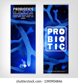 Probiotics, prebiotics vertical banners. Normal gram-positive anaerobic microflora background. Vector illustration in bright blue colors in realistic style. Medical, healthcare, scientific concept