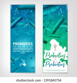 Probiotics, prebiotics vertical banners. Normal gram-positive anaerobic microflora background. Vector illustration in bright blue, green colors. Realistic style. Medical, healthcare, scientific image